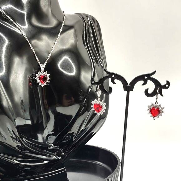 925 Silver Chain Heart Necklace Earring Set w/ Synthetic Ruby Diamonds Pendants